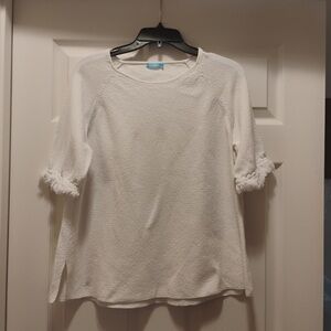 J.McLaughlin Women's Textured White Cotton Top with Fringe Sleeves Size L